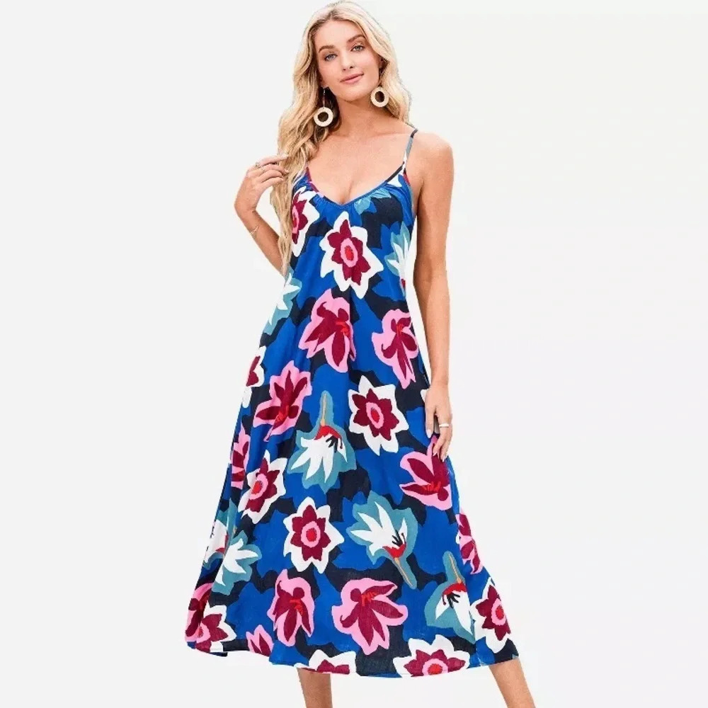 NWT CUPSHE V-Neck Floral Backless Slip Dress Blue Women's M